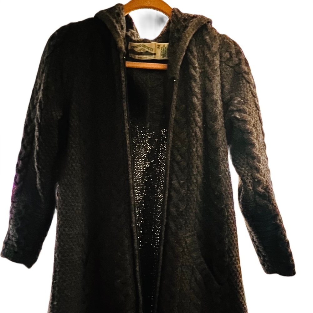 ☘️Aran Crafts Hooded Wool Cable Knit Coatigan Sweater | Made in Ireland | Med ☘️